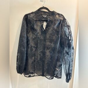 Torrid Nightfall Black Sheer Embroidered Button Down Blouse - Size 0, large